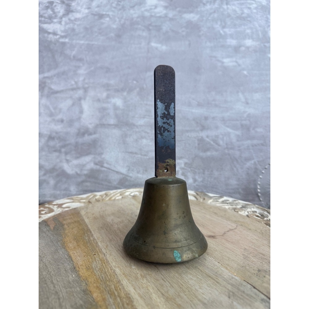 Vintage Brass Hand Bell with Iron Handle Rustic Antique‎ Primitive Decor 7.75in